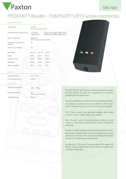 paxton p50 reader data sheet